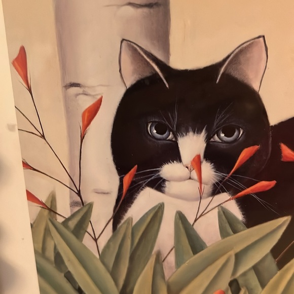 90s 1994 Framed Cat Art with Red Flowers Diana Jackson print - Picture 8 of 8